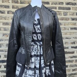 BCBGMaxAzria Dark Leather Jacket with Button Accents